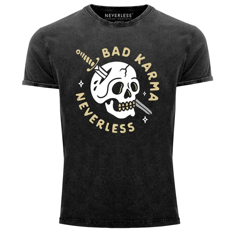 Herren T-Shirt Vintage Shirt Printshirt Bikermotiv Skull Bad Karma Schriftzug Fashion Streetstyle Aufdruck Used Look Slim Fit
