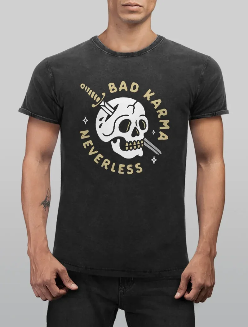 Herren T-Shirt Vintage Shirt Printshirt Bikermotiv Skull Bad Karma Schriftzug Fashion Streetstyle Aufdruck Used Look Slim Fit