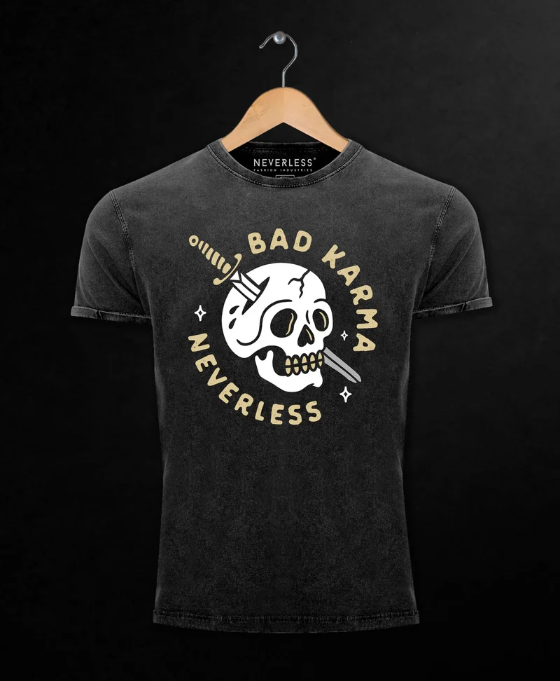Herren T-Shirt Vintage Shirt Printshirt Bikermotiv Skull Bad Karma Schriftzug Fashion Streetstyle Aufdruck Used Look Slim Fit