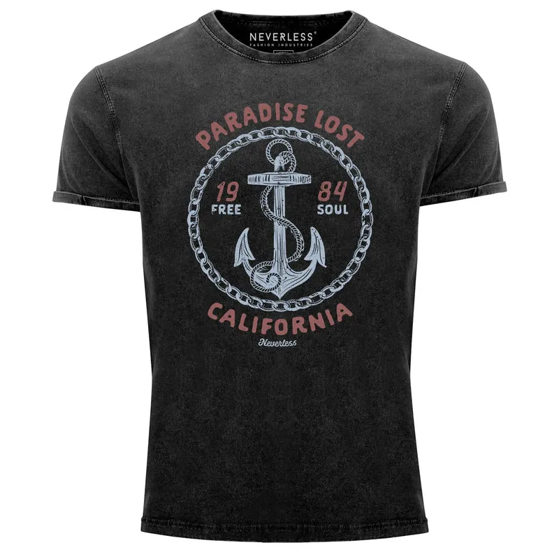 Herren T-Shirt Vintage Shirt Printshirt Anker Motiv maritim Schriftzug California Paradise lost Fashion Streetstyle Aufdruck Used Look Slim Fit