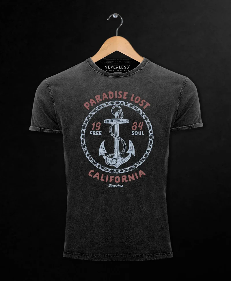 Herren T-Shirt Vintage Shirt Printshirt Anker Motiv maritim Schriftzug California Paradise lost Fashion Streetstyle Aufdruck Used Look Slim Fit