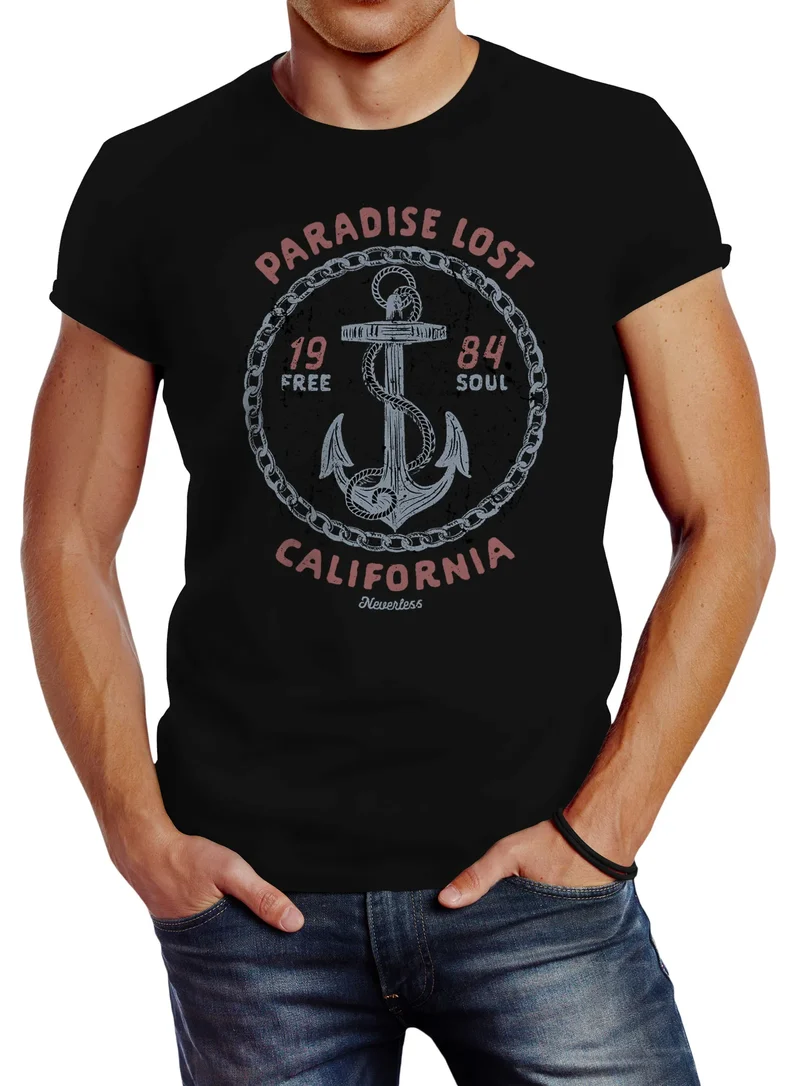 Herren T-Shirt Anker Motiv maritim Schriftzug California Paradise lost Fashion Streetstyle