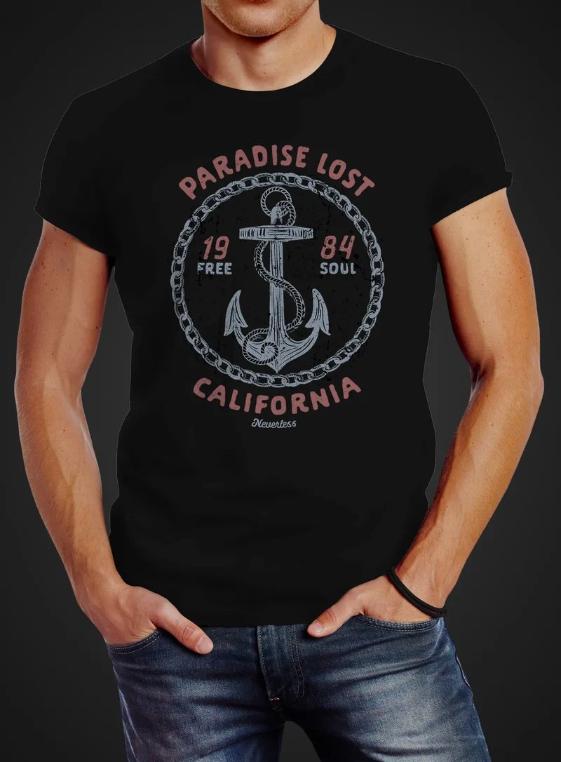 Herren T-Shirt Anker Motiv maritim Schriftzug California Paradise lost Fashion Streetstyle