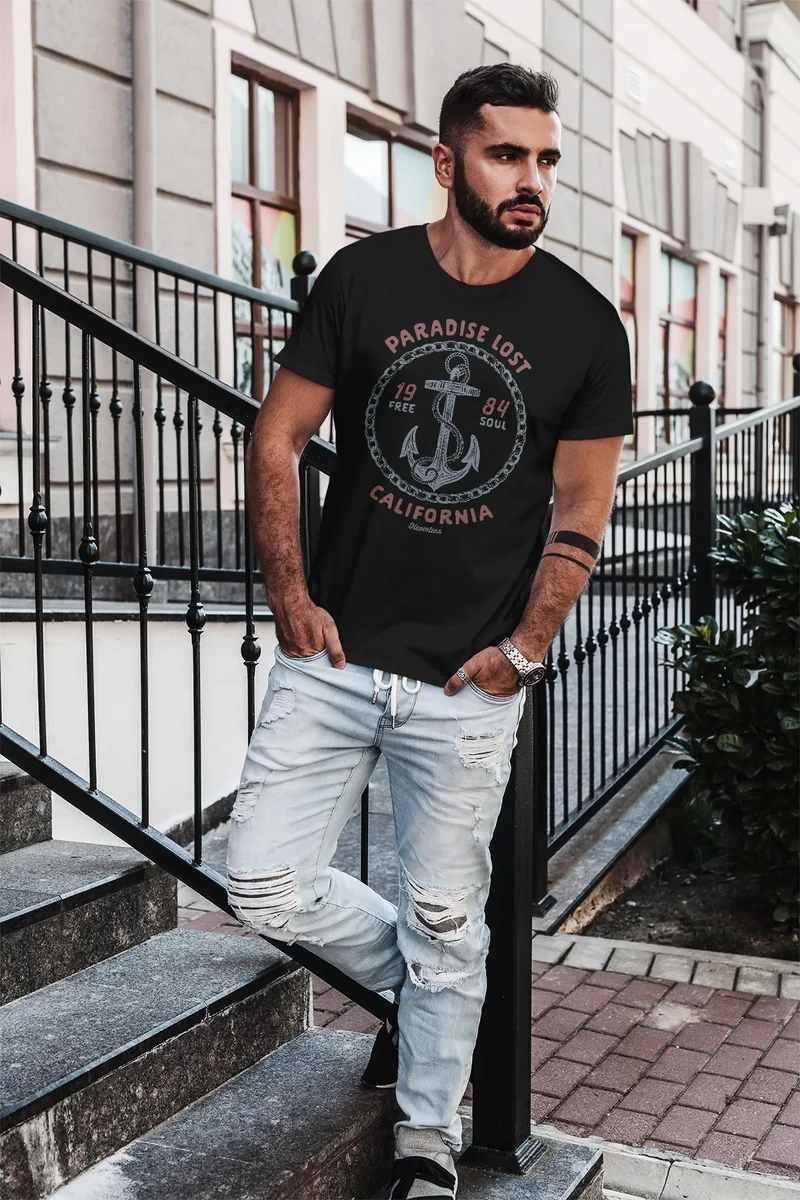 Herren T-Shirt Anker Motiv maritim Schriftzug California Paradise lost Fashion Streetstyle