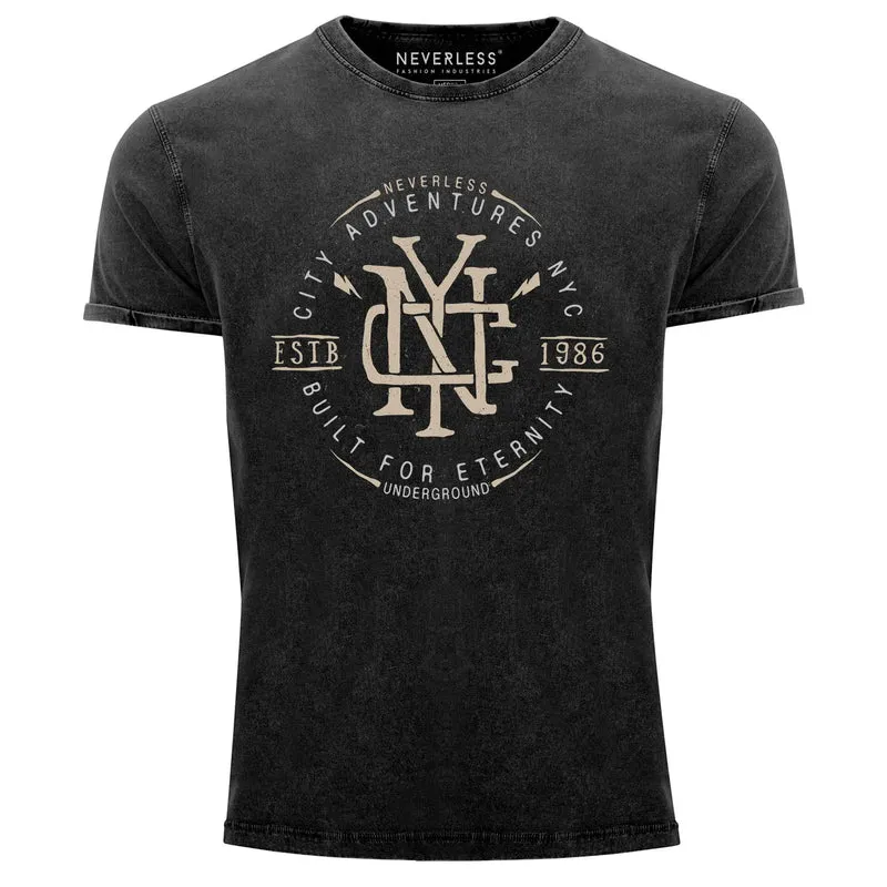 Neverless® Herren T-Shirt Vintage Shirt Printshirt {NYC Logo Print New York City Built for eternity Schriftzug Fashion Streetstyle Aufdruck Used Look Slim Fit