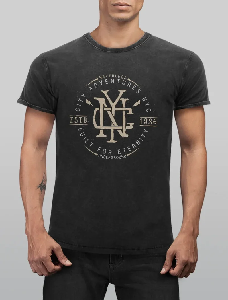 Neverless® Herren T-Shirt Vintage Shirt Printshirt {NYC Logo Print New York City Built for eternity Schriftzug Fashion Streetstyle Aufdruck Used Look Slim Fit
