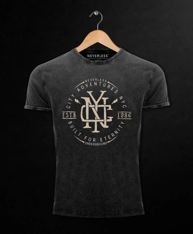 Neverless® Herren T-Shirt Vintage Shirt Printshirt {NYC Logo Print New York City Built for eternity Schriftzug Fashion Streetstyle Aufdruck Used Look Slim Fit