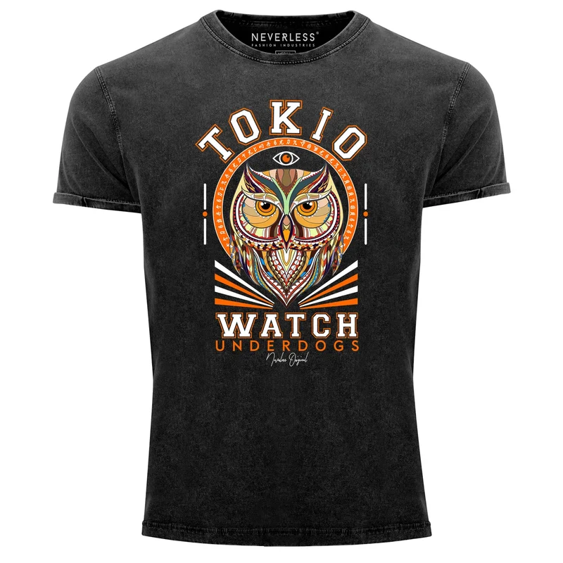 Herren T-Shirt Vintage Shirt Printshirt Design Print Eule Motiv Tokio Watch Schriftzug Fashion Streetstyle Aufdruck Used Look Slim Fit