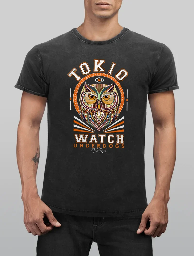 Herren T-Shirt Vintage Shirt Printshirt Design Print Eule Motiv Tokio Watch Schriftzug Fashion Streetstyle Aufdruck Used Look Slim Fit