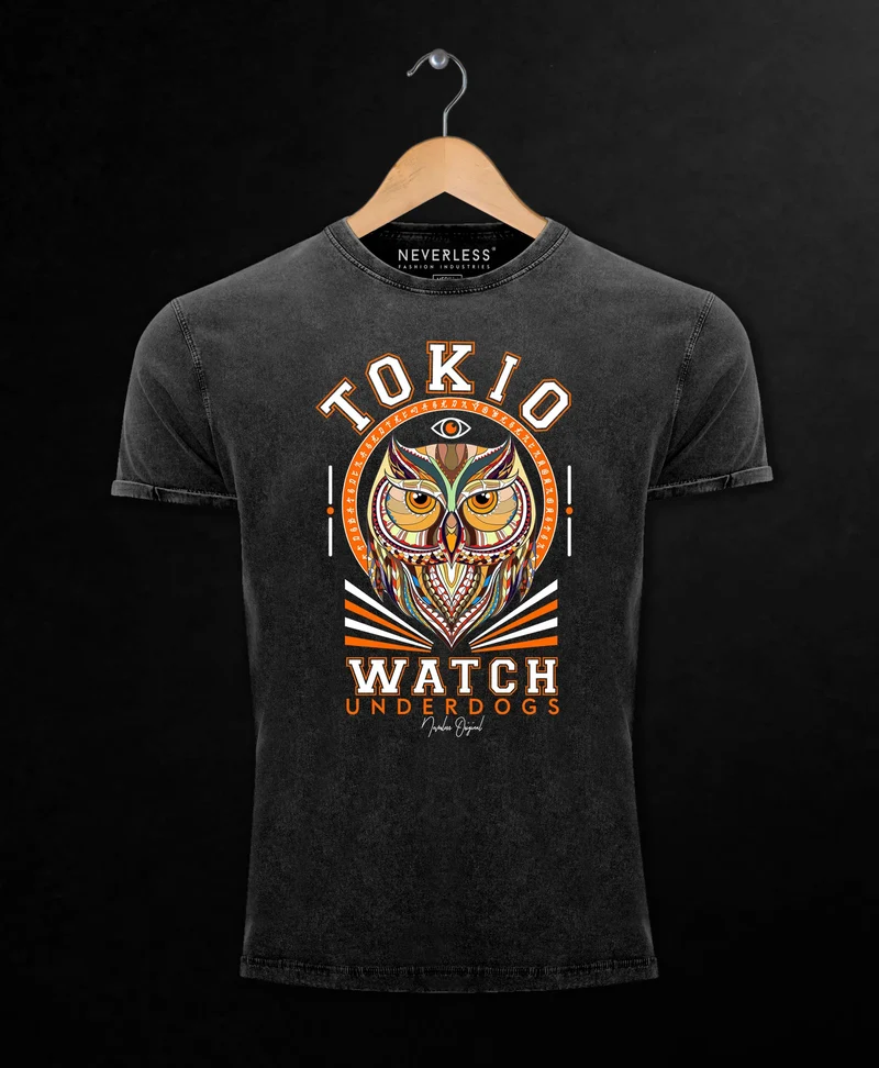 Herren T-Shirt Vintage Shirt Printshirt Design Print Eule Motiv Tokio Watch Schriftzug Fashion Streetstyle Aufdruck Used Look Slim Fit