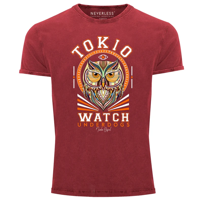 Herren T-Shirt Vintage Shirt Printshirt Design Print Eule Motiv Tokio Watch Schriftzug Fashion Streetstyle Aufdruck Used Look Slim Fit