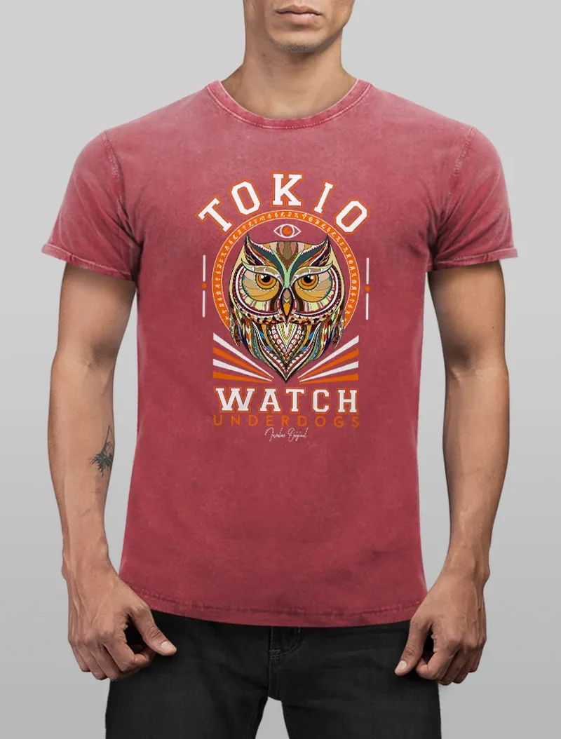 Herren T-Shirt Vintage Shirt Printshirt Design Print Eule Motiv Tokio Watch Schriftzug Fashion Streetstyle Aufdruck Used Look Slim Fit