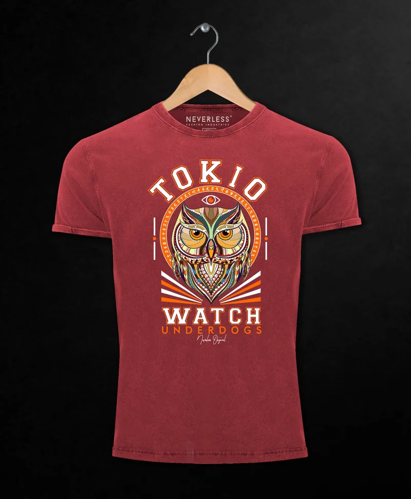 Herren T-Shirt Vintage Shirt Printshirt Design Print Eule Motiv Tokio Watch Schriftzug Fashion Streetstyle Aufdruck Used Look Slim Fit