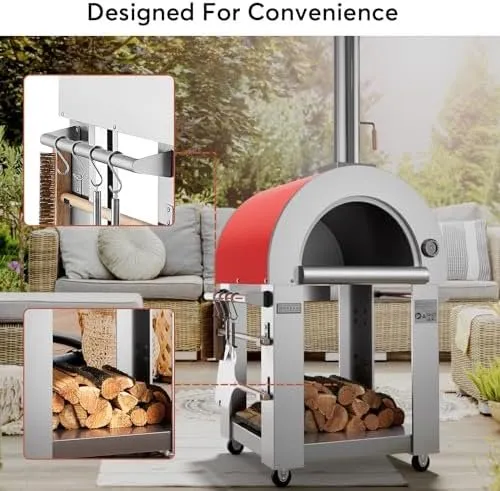 Empava Pizza Oven with Open Shelf and Wheels for Outdoor Kitchen, Wood Fire for Grill & Camping Backyard Party in Stainless Steel, 38.6 Inch, Italian Red