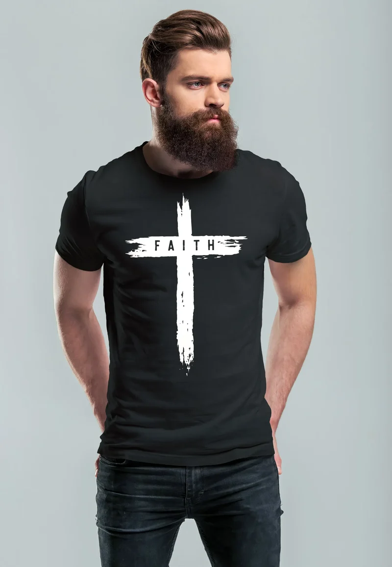 Herren T-Shirt Printshirt Aufdruck Kreuz Cross Faith Glaube Trend-Motiv Techwear Fashion Streetstyle