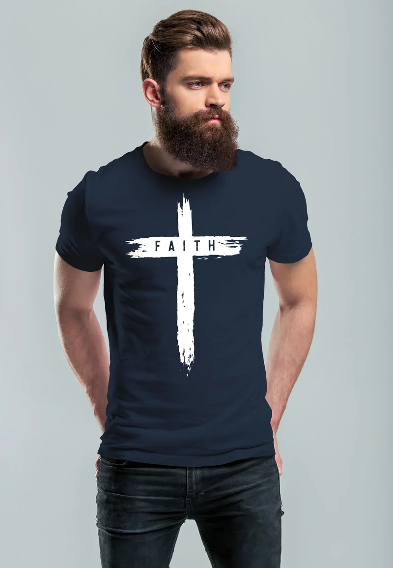Herren T-Shirt Printshirt Aufdruck Kreuz Cross Faith Glaube Trend-Motiv Techwear Fashion Streetstyle