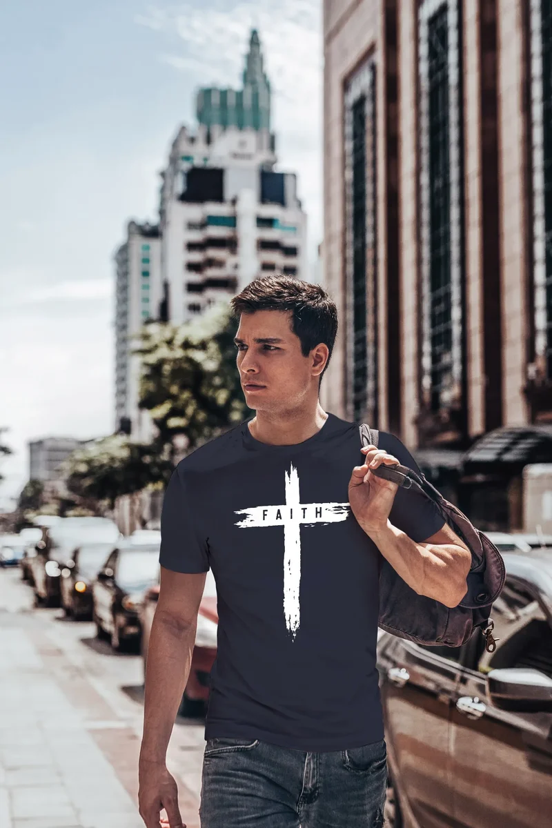 Herren T-Shirt Printshirt Aufdruck Kreuz Cross Faith Glaube Trend-Motiv Techwear Fashion Streetstyle