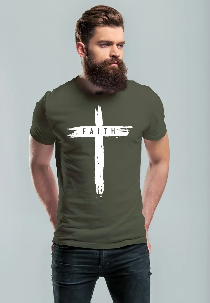 Herren T-Shirt Printshirt Aufdruck Kreuz Cross Faith Glaube Trend-Motiv Techwear Fashion Streetstyle