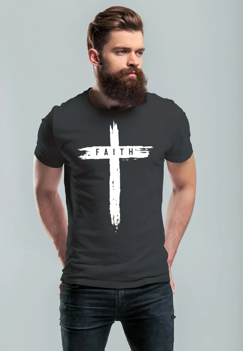 Herren T-Shirt Printshirt Aufdruck Kreuz Cross Faith Glaube Trend-Motiv Techwear Fashion Streetstyle
