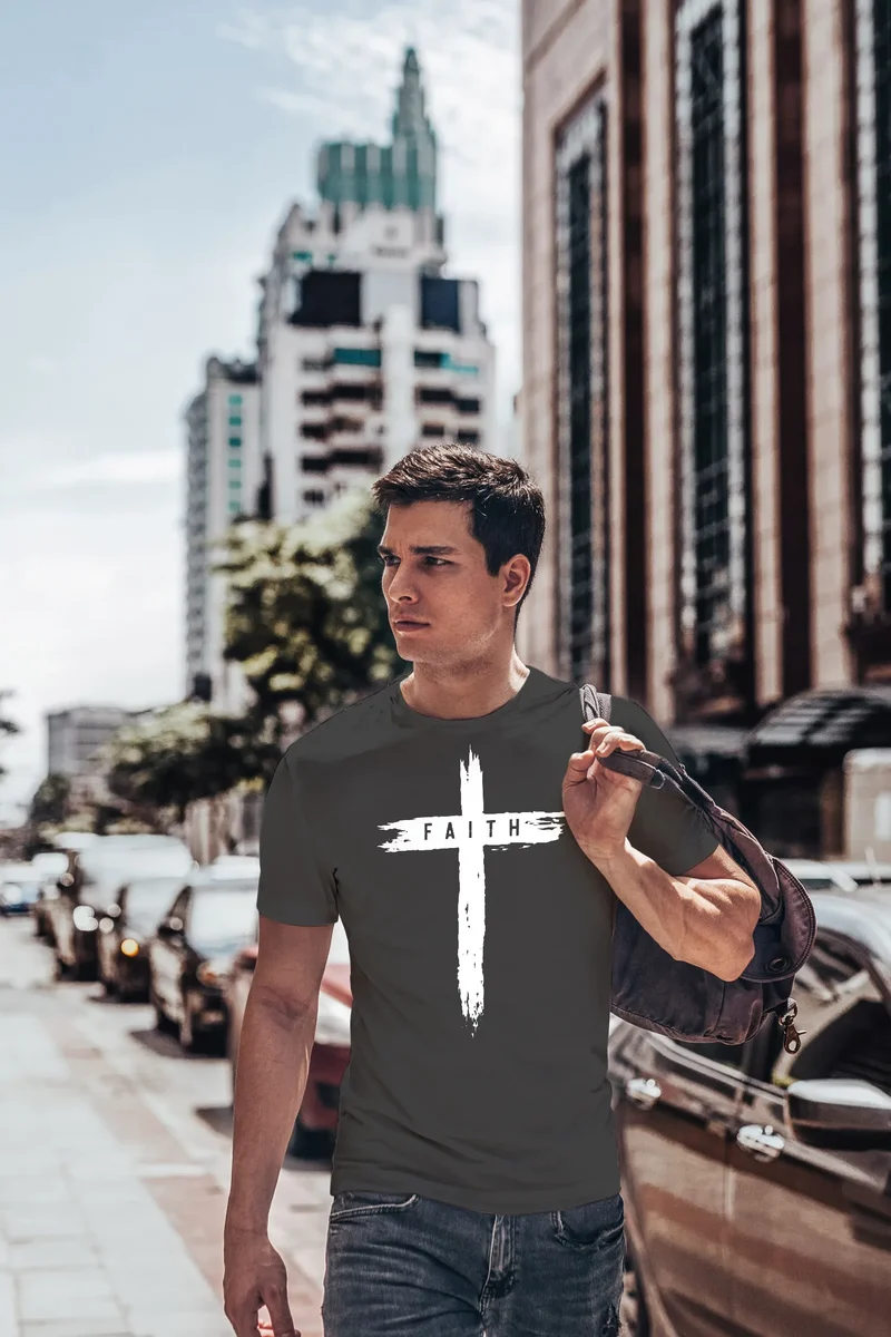 Herren T-Shirt Printshirt Aufdruck Kreuz Cross Faith Glaube Trend-Motiv Techwear Fashion Streetstyle
