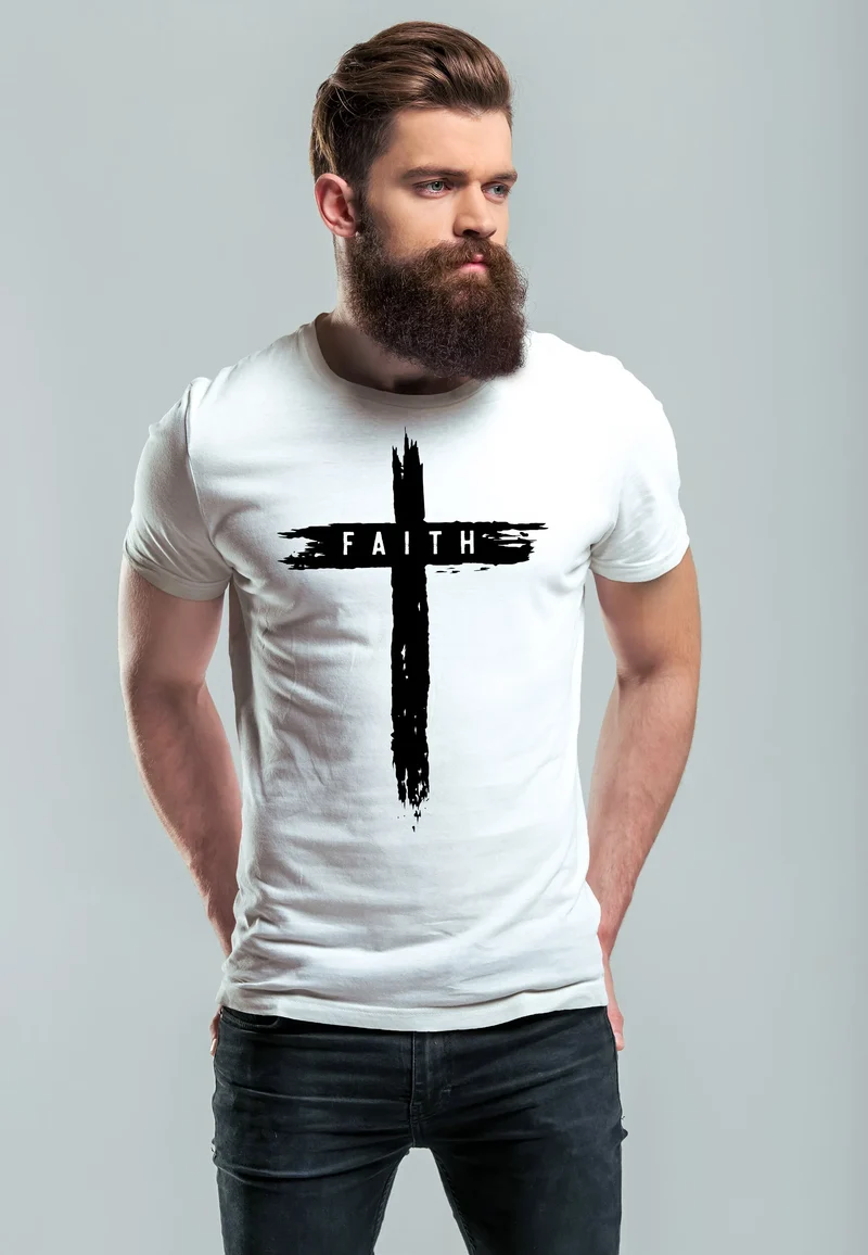 Herren T-Shirt Printshirt Aufdruck Kreuz Cross Faith Glaube Trend-Motiv Techwear Fashion Streetstyle