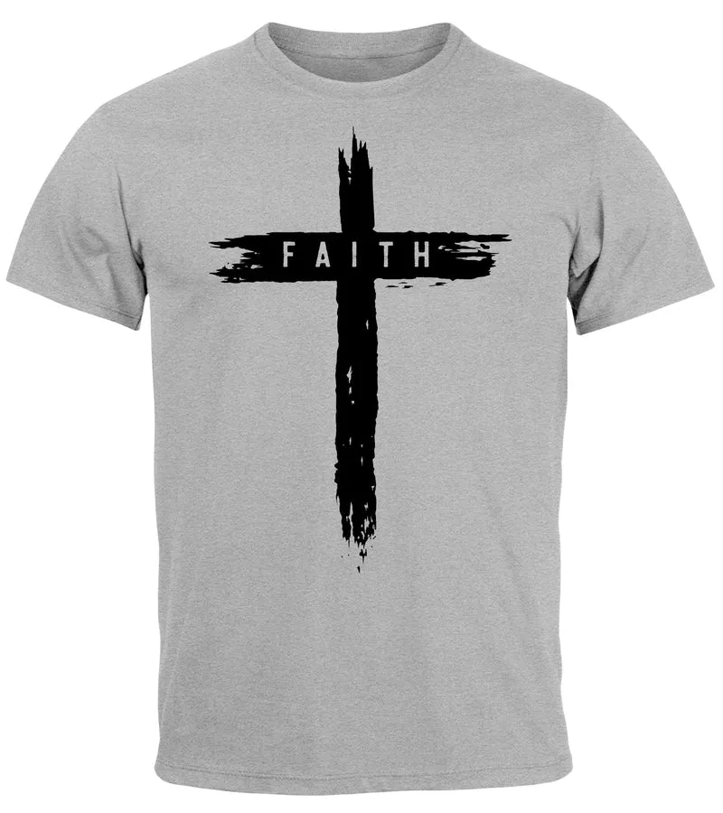 Herren T-Shirt Printshirt Aufdruck Kreuz Cross Faith Glaube Trend-Motiv Techwear Fashion Streetstyle