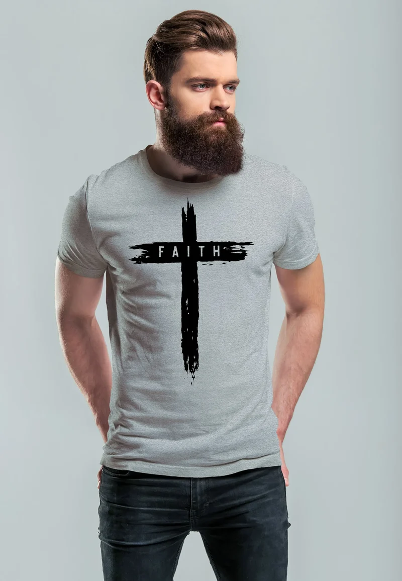 Herren T-Shirt Printshirt Aufdruck Kreuz Cross Faith Glaube Trend-Motiv Techwear Fashion Streetstyle