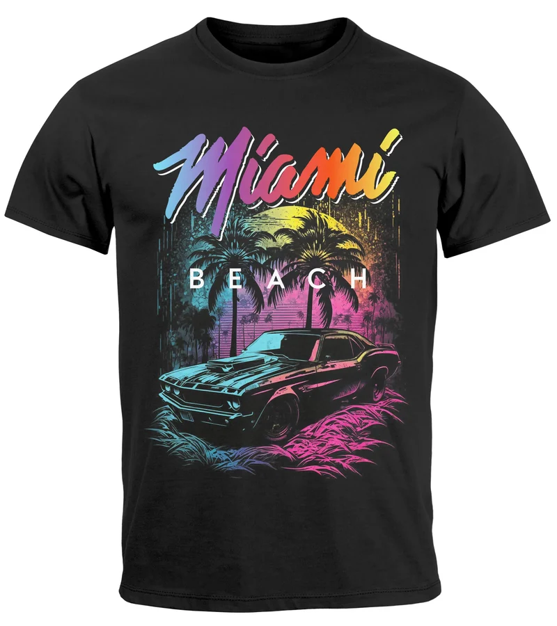 Herren T-Shirt Miami Beach USA Oldtimer Car Palmen Print Fashion Streetstyle