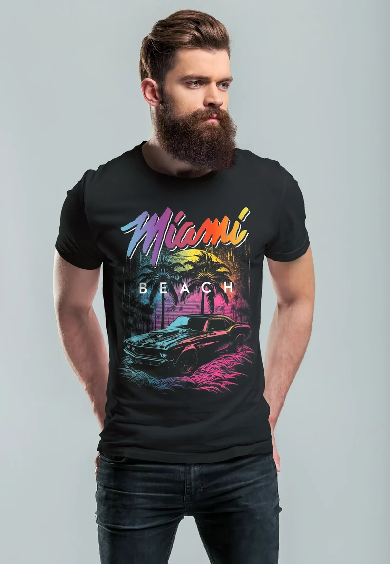 Herren T-Shirt Miami Beach USA Oldtimer Car Palmen Print Fashion Streetstyle