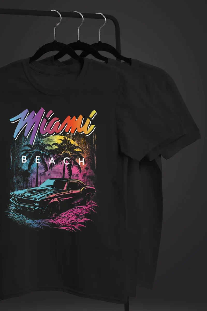 Herren T-Shirt Miami Beach USA Oldtimer Car Palmen Print Fashion Streetstyle