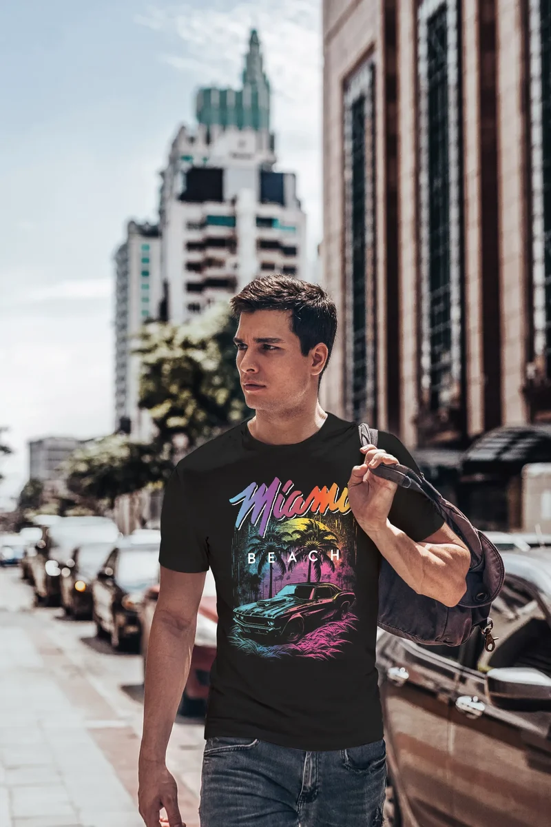 Herren T-Shirt Miami Beach USA Oldtimer Car Palmen Print Fashion Streetstyle
