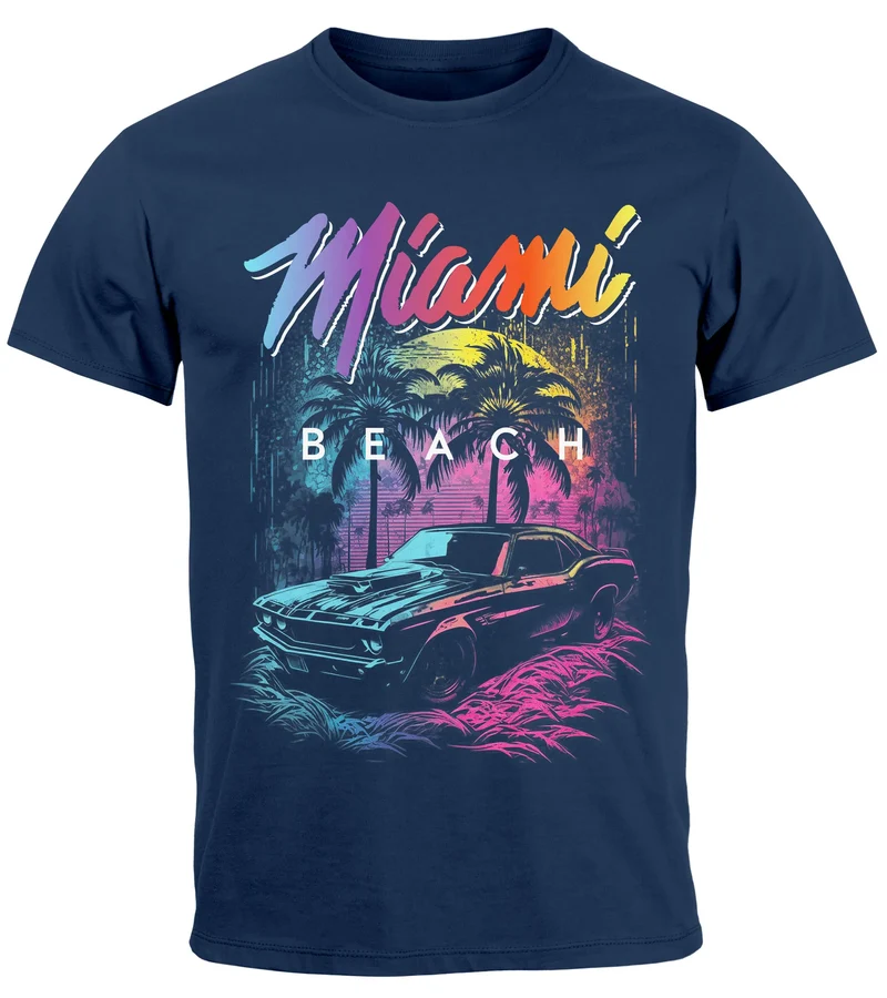 Herren T-Shirt Miami Beach USA Oldtimer Car Palmen Print Fashion Streetstyle