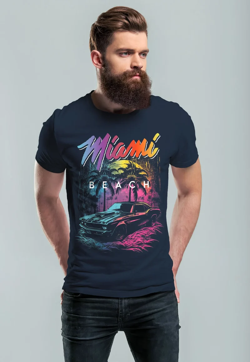 Herren T-Shirt Miami Beach USA Oldtimer Car Palmen Print Fashion Streetstyle