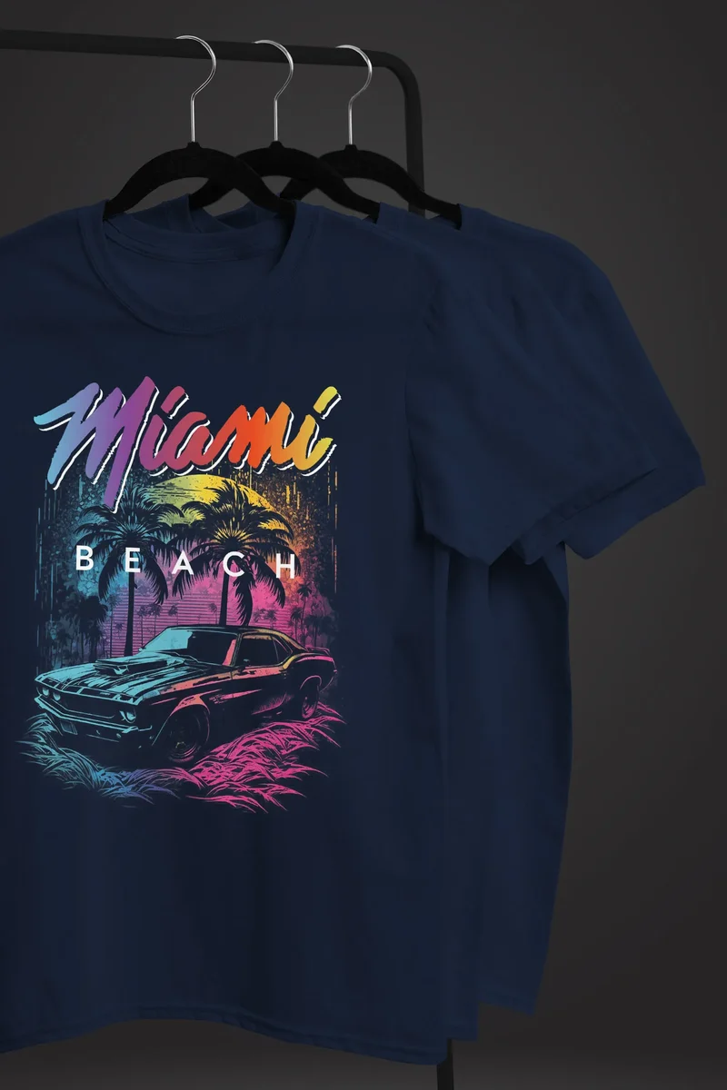 Herren T-Shirt Miami Beach USA Oldtimer Car Palmen Print Fashion Streetstyle