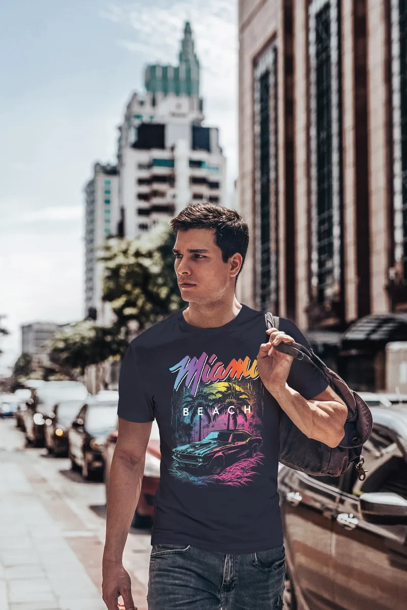 Herren T-Shirt Miami Beach USA Oldtimer Car Palmen Print Fashion Streetstyle