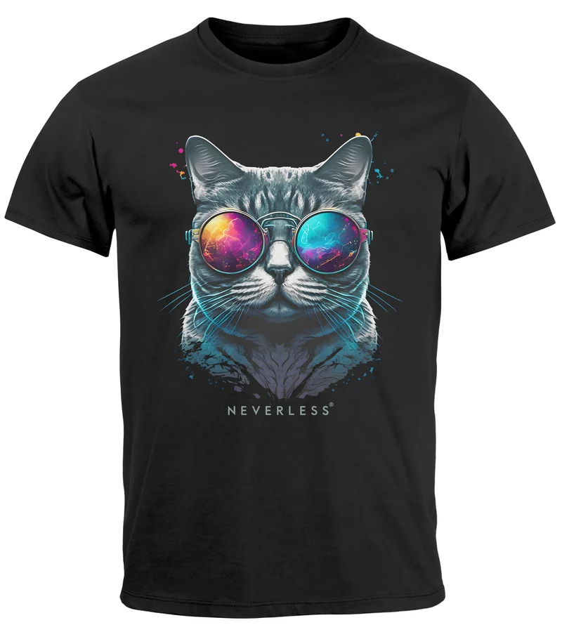 Herren T-Shirt Aufdruck Katze Cat Sommer Sonnenbrille Style Fashion Print Fashion Streetstyle