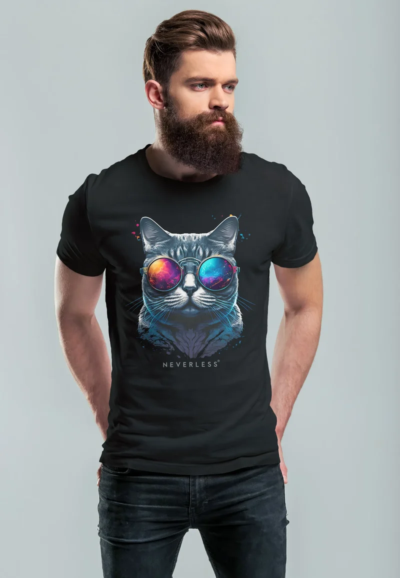 Herren T-Shirt Aufdruck Katze Cat Sommer Sonnenbrille Style Fashion Print Fashion Streetstyle