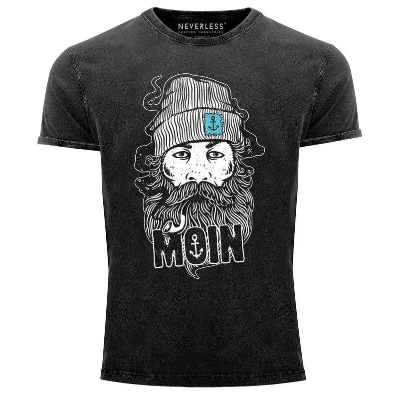 Herren Vintage Shirt Moin Kapitän Bart Anker Nordisch Nordmann Norddeutsch Print Aufdruck Fashion Streetstyle
