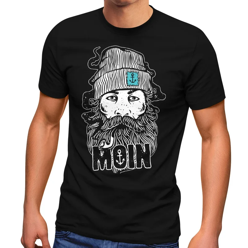 Herren T-Shirt Moin Kapitän Bart Anker Nordisch Nordmann Norddeutsch Print Aufdruck Fashion Streetstyle