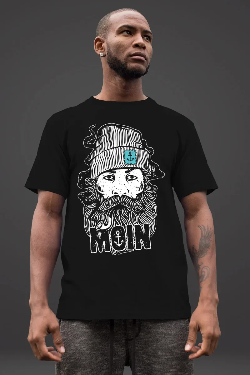 Herren T-Shirt Moin Kapitän Bart Anker Nordisch Nordmann Norddeutsch Print Aufdruck Fashion Streetstyle