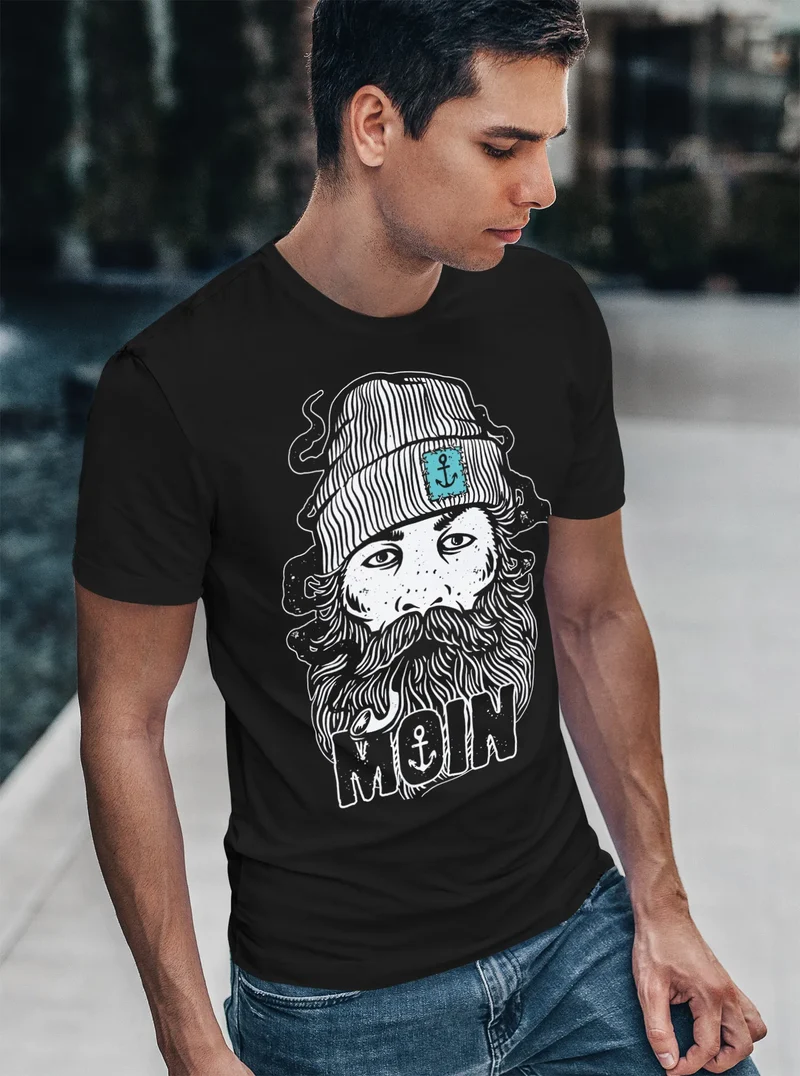 Herren T-Shirt Moin Kapitän Bart Anker Nordisch Nordmann Norddeutsch Print Aufdruck Fashion Streetstyle