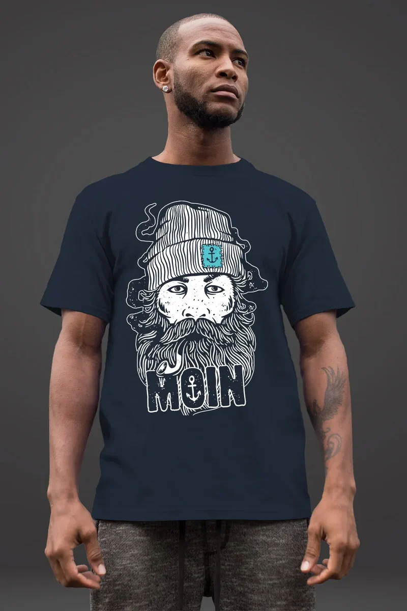 Herren T-Shirt Moin Kapitän Bart Anker Nordisch Nordmann Norddeutsch Print Aufdruck Fashion Streetstyle