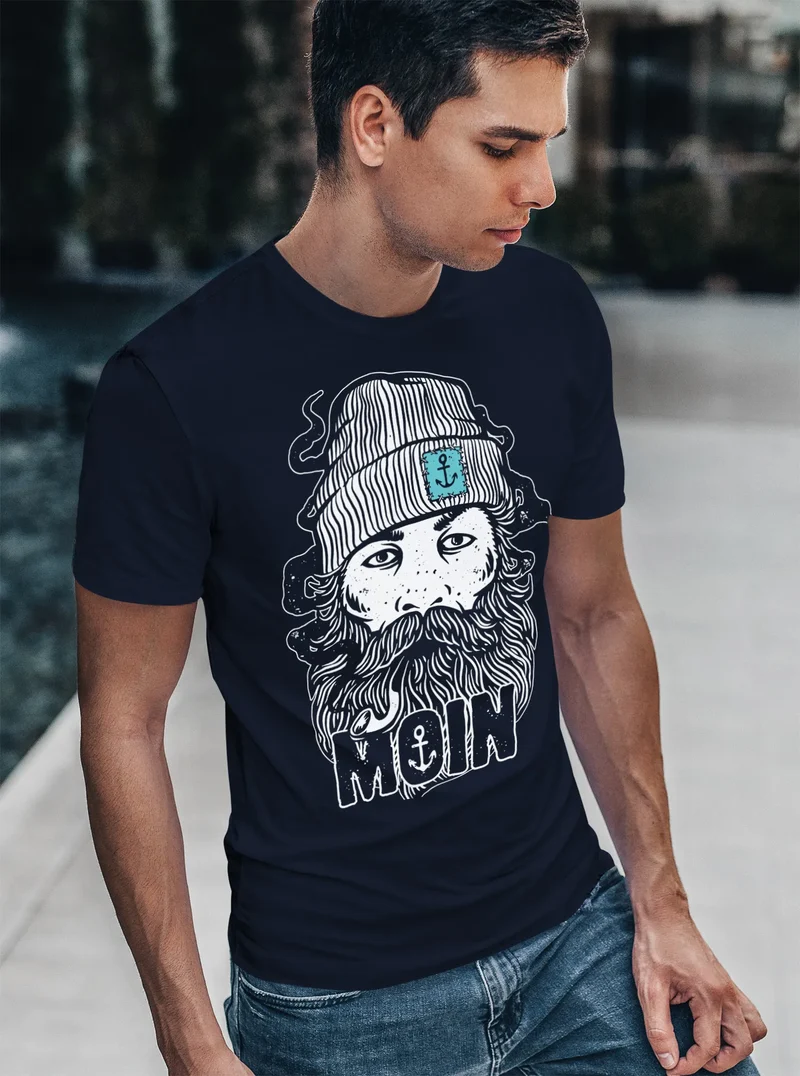 Herren T-Shirt Moin Kapitän Bart Anker Nordisch Nordmann Norddeutsch Print Aufdruck Fashion Streetstyle