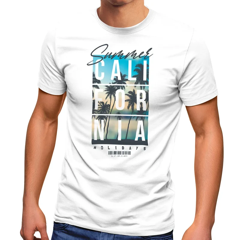 Herren T-Shirt Summer California Holidays Sommer Palmen Foto Print Aufdruck Schrfitzug Fashion Streetstyle