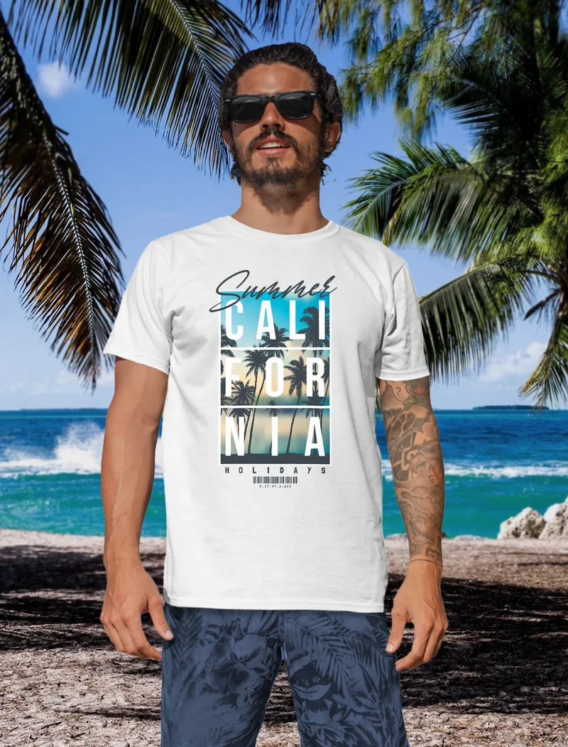 Herren T-Shirt Summer California Holidays Sommer Palmen Foto Print Aufdruck Schrfitzug Fashion Streetstyle