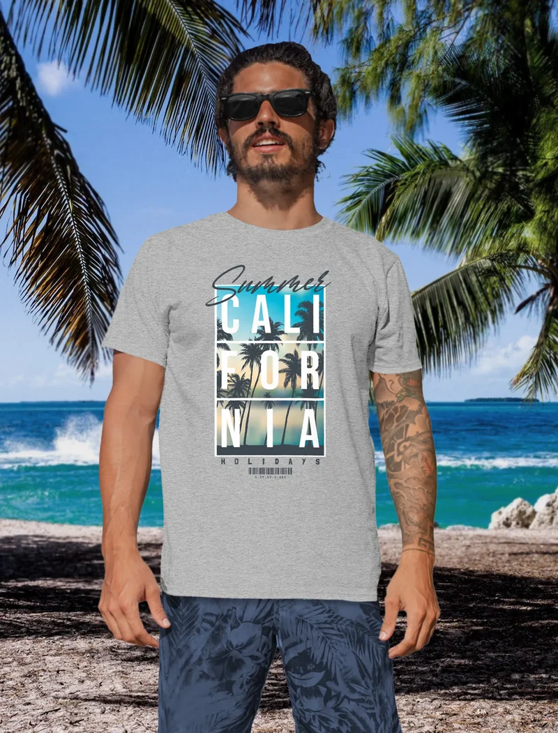 Herren T-Shirt Summer California Holidays Sommer Palmen Foto Print Aufdruck Schrfitzug Fashion Streetstyle