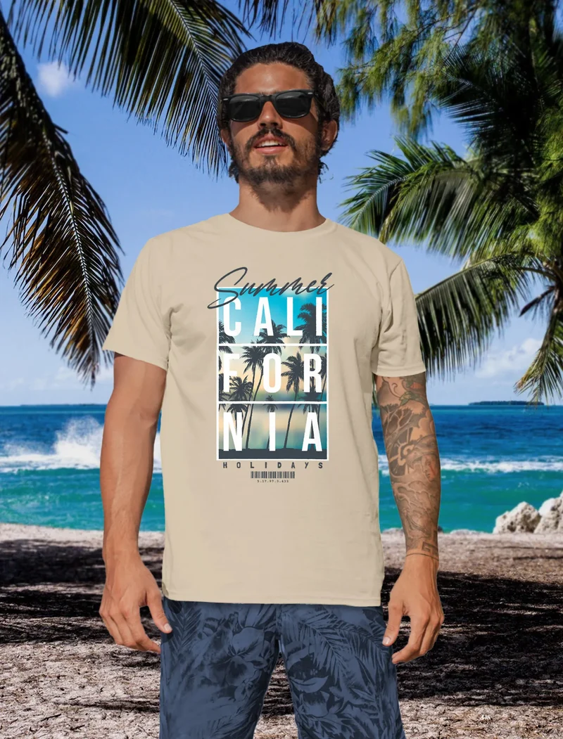Herren T-Shirt Summer California Holidays Sommer Palmen Foto Print Aufdruck Schrfitzug Fashion Streetstyle
