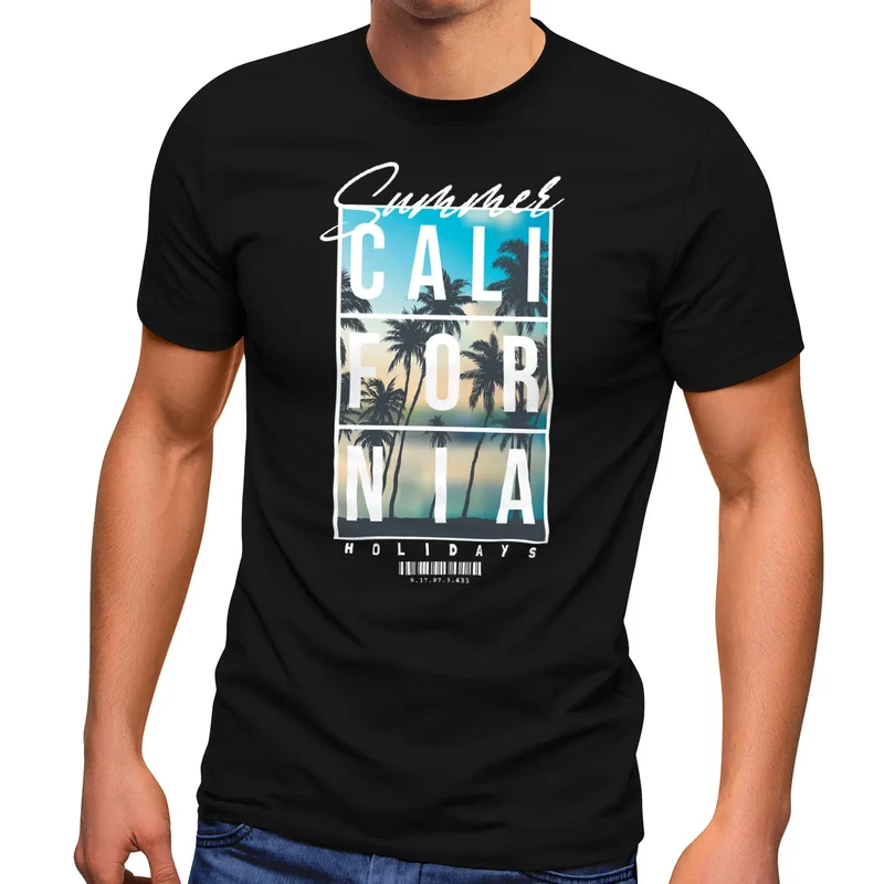 Herren T-Shirt Summer California Holidays Sommer Palmen Foto Print Aufdruck Schrfitzug Fashion Streetstyle