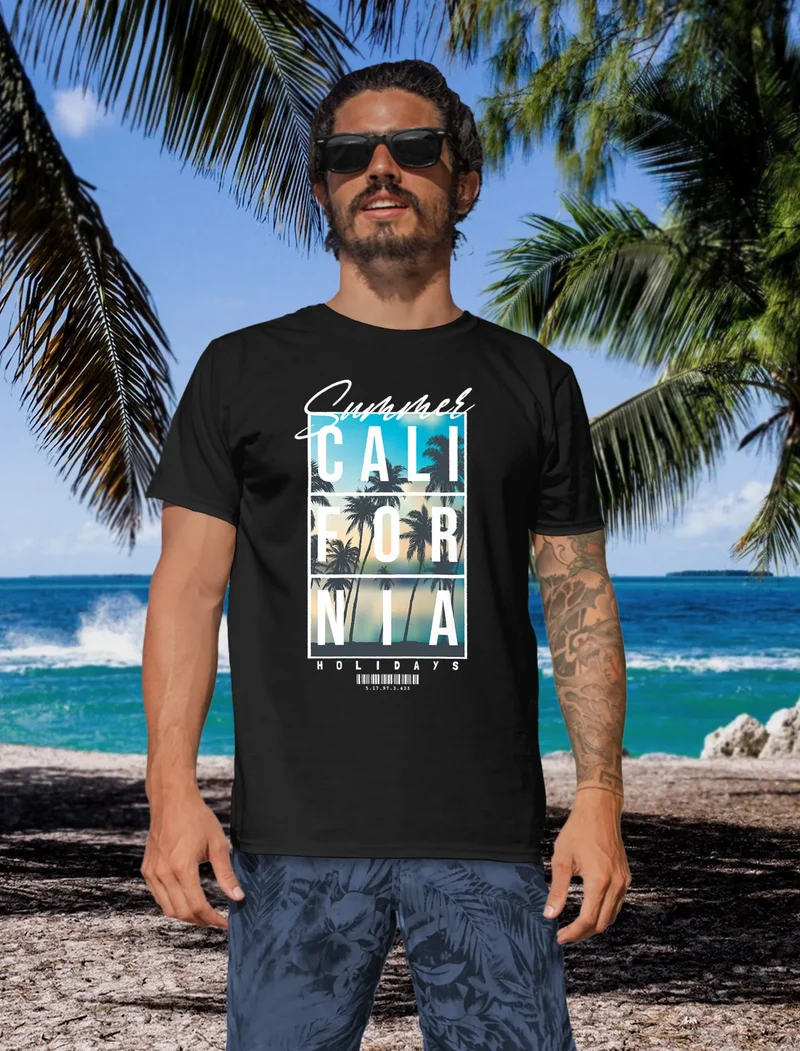 Herren T-Shirt Summer California Holidays Sommer Palmen Foto Print Aufdruck Schrfitzug Fashion Streetstyle