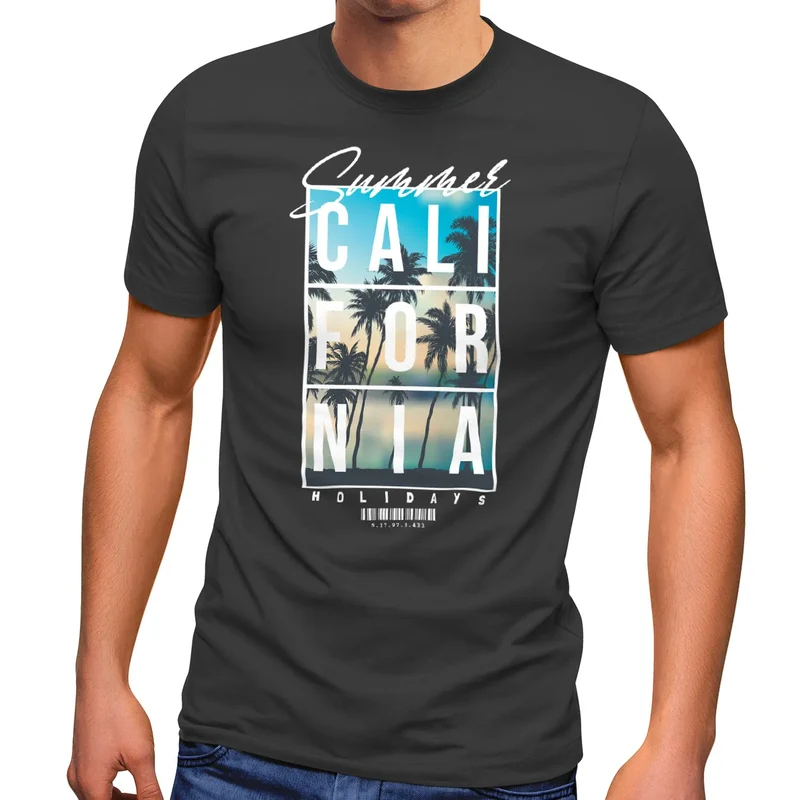 Herren T-Shirt Summer California Holidays Sommer Palmen Foto Print Aufdruck Schrfitzug Fashion Streetstyle
